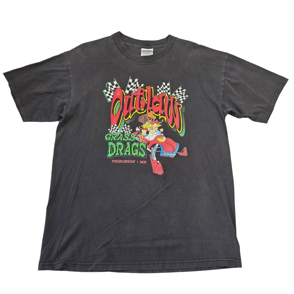 Vintage Gildan Outlaw Grass Drags Princeton MN Racing T-Shirt‎ Mens L Y2k Black